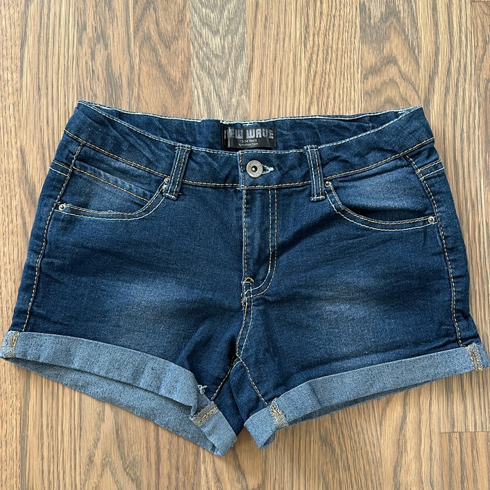 New Wave Girls Denim Shorts sz 13-14 Jeans 3" Stretchy Dark Blue Turn Up Hem Lit